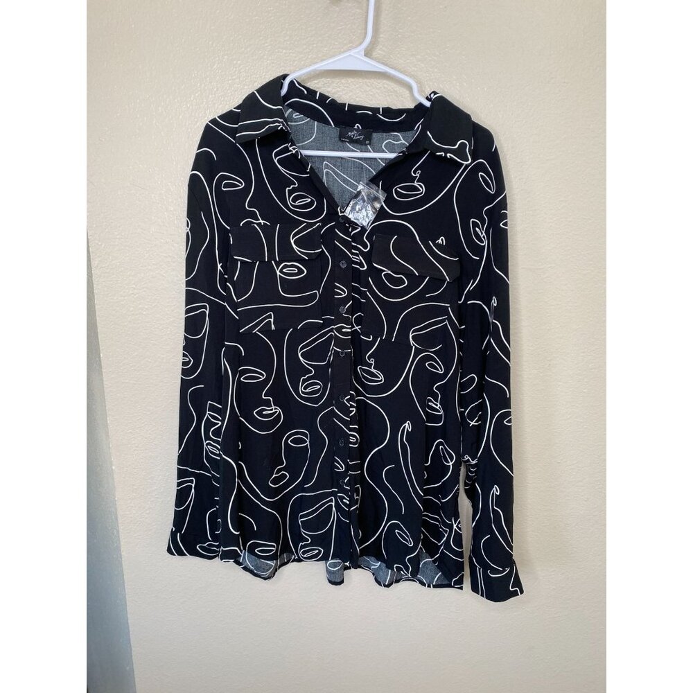 Milk & Honey Womens‎ Black Button-Up Shirt 2X Abstract Face Long Sleeve Rayon